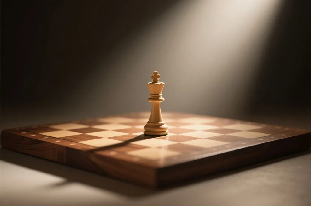一个精致的木质国际象棋棋盘，一颗棋子在柔和的聚光灯下，寓意策略与长远规划