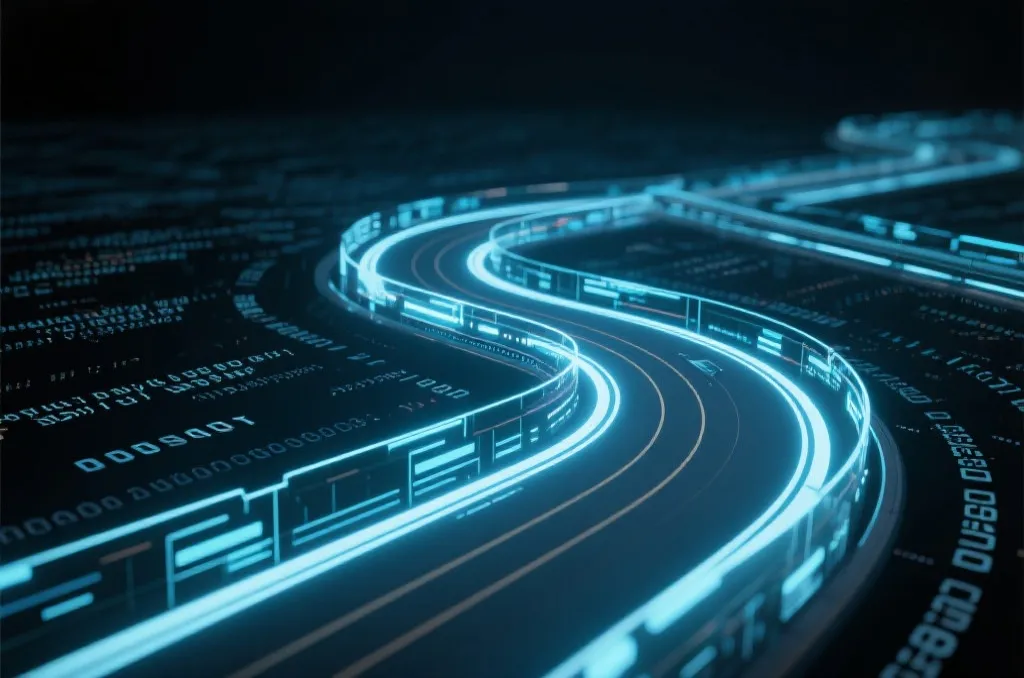 Abstract digital racetrack with matrix code and neon light paths symbolizing probability